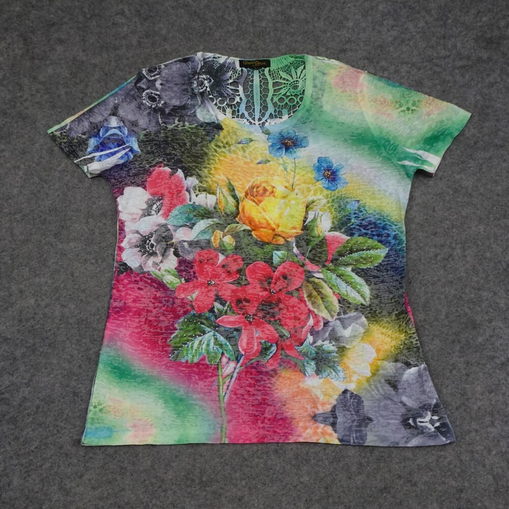 Christine Phillipe Top Womens Large L Green Pullover Shirt Flowers Boho Colorful